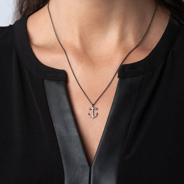 Blackened Silver Anchor Pendant Ancla Black Diamonds for Women - Mander Jewelry