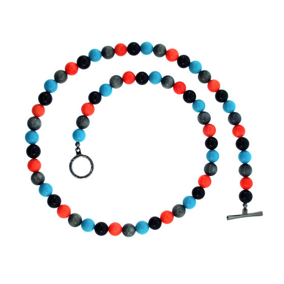 Coral, Onyx, Hawks Eye Turquoise 8mm Necklace Silver Black Diamonds - Mander Jewelry