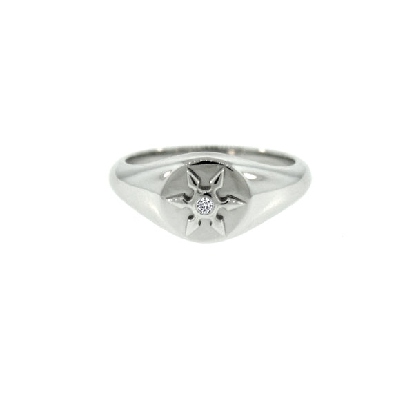 14k White Gold Ninja Star Diamond Signet Ring for Women - Mander Jewelry