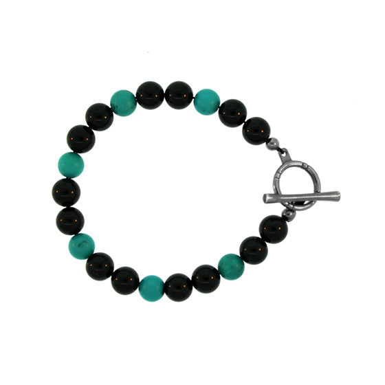 Black Onyx Turquoise 8mm Spirit Bead Bracelet Silver Black Diamonds - Mander Jewelry