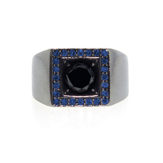 Blackened 18k Gold Jefe Ring Black Diamond Blue Sapphire - Mander Jewelry