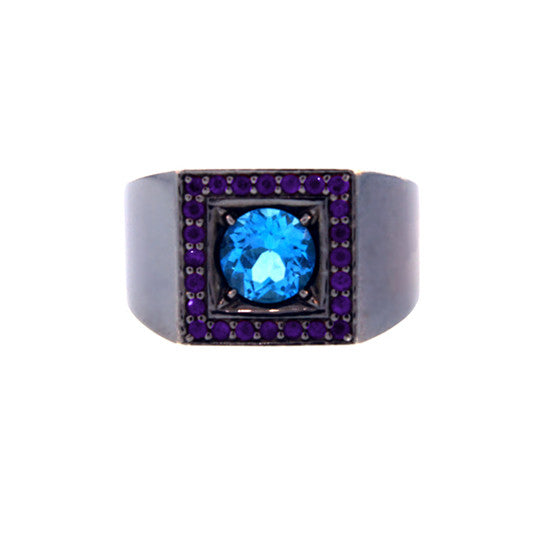 Blackened Silver Blue Topaz and Amethyst Ring Jefe - Mander Jewelry