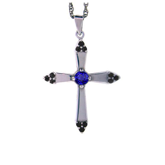 18k White Gold Blue Sapphire and Black Diamonds Cross Pendant Convent - Mander Jewelry