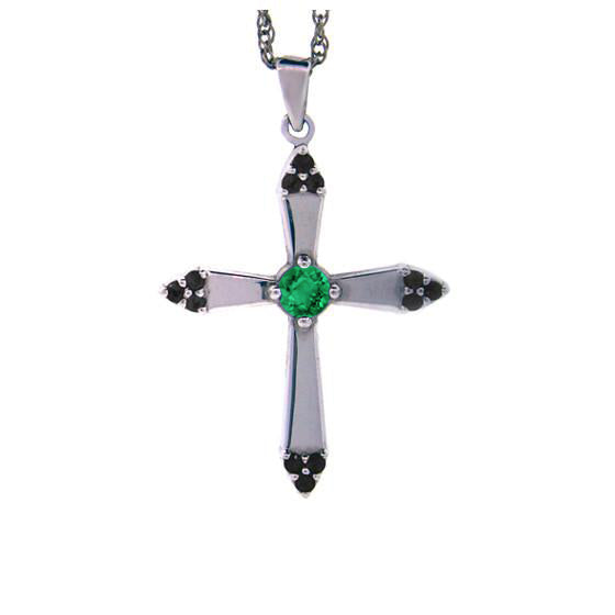 18k White Gold Emerald and Black Diamonds Cross Pendant Convent - Mander Jewelry