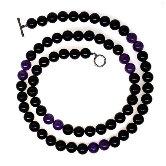 Black Onyx Amethyst 12mm Spirit Bead Necklace Silver - Mander Jewelry