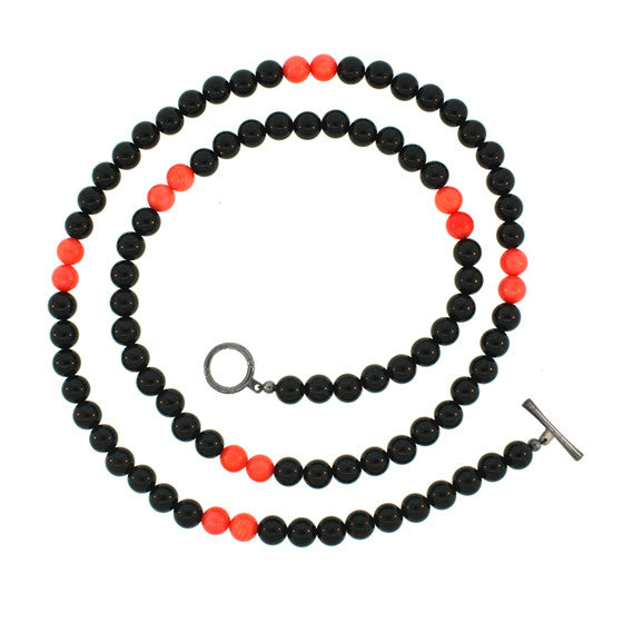 Black Onyx Coral 8mm Spirit Bead Necklace Silver Black Diamonds - Mander Jewelry