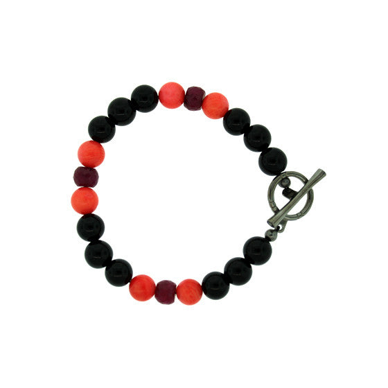 Black Onyx Ruby Coral Spirit Bead Bracelet Silver Black Diamonds - Mander Jewelry