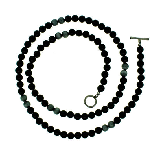 Black Onyx Hawks Eye 8mm Spirit Bead Necklace Silver Black Diamonds - Mander Jewelry