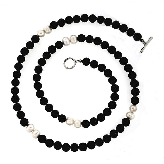 Black Onyx Pearl 10mm Spirit Bead Necklace Silver Black Diamonds - Mander Jewelry