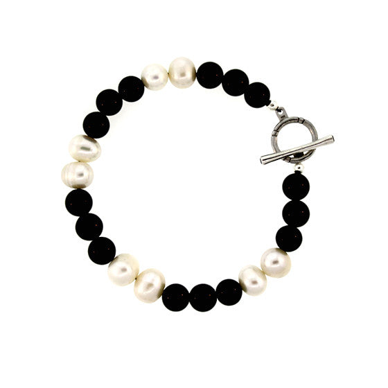Black Onyx and Pearl 10mm Spirit Bead Bracelet Silver Black Diamonds - Mander Jewelry
