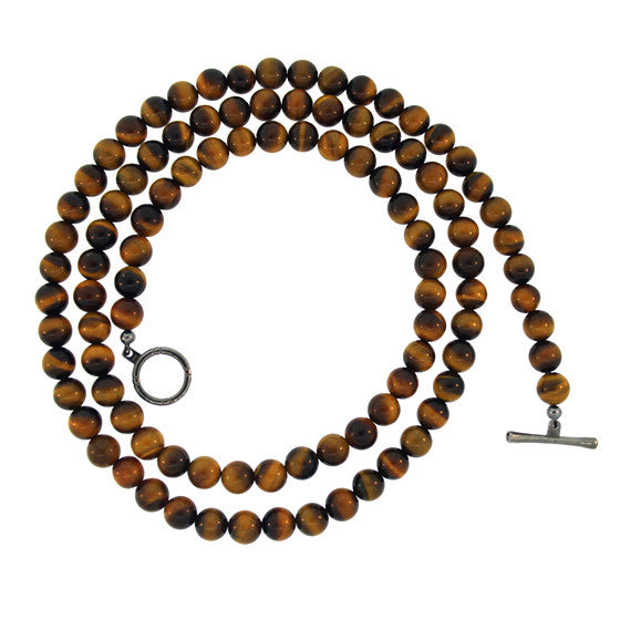 Tigers Eye 8mm Spirit Bead Necklace Silver Black Diamonds - Mander Jewelry